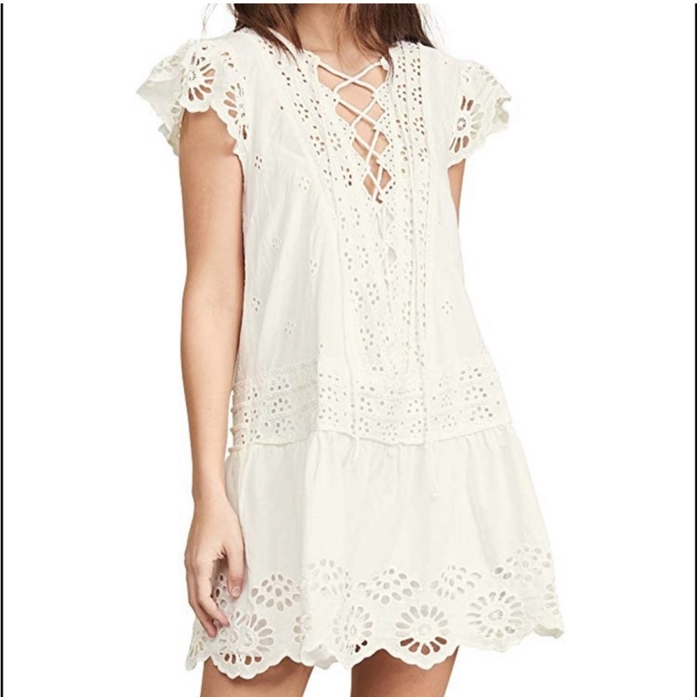 Free People Esperanza Eyelet Lace Mini Dress With Flutter Sleeves In Ivory Sz L